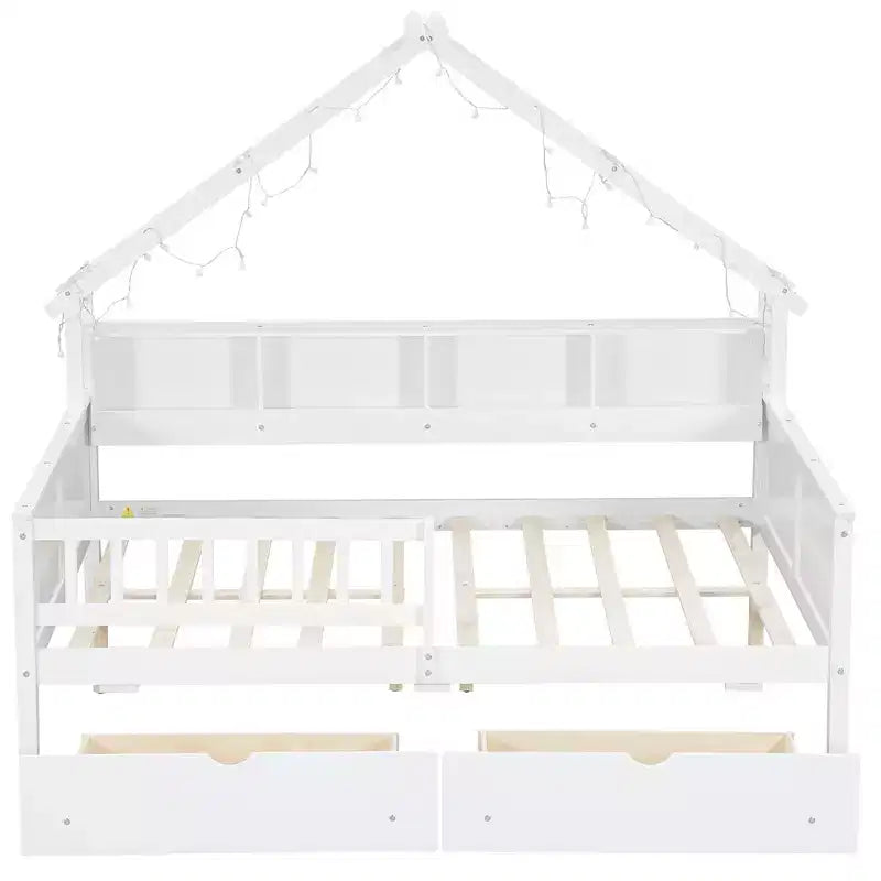 Estructura de cama tipo casita de tamaño completo con cajones, cama plataforma tipo casita con luces LED, estantes y cajones de almacenamiento, diván de madera con techo y barandilla