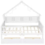 Estructura de cama tipo casita de tamaño completo con cajones, cama plataforma tipo casita con luces LED, estantes y cajones de almacenamiento, diván de madera con techo y barandilla