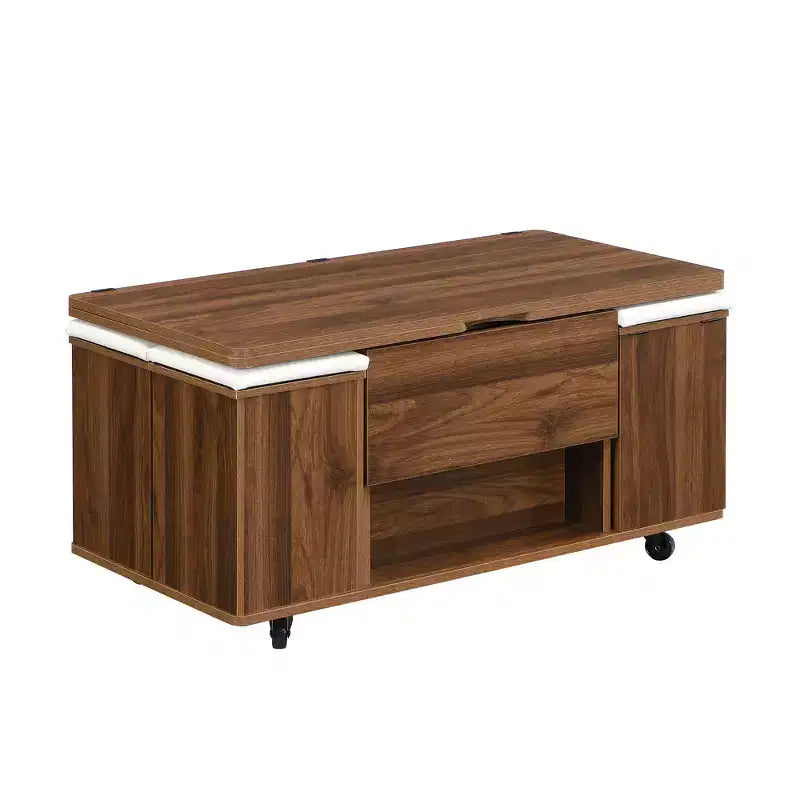 Multifunctionele moderne salontafel met hefbaar blad en verborgen opbergruimte, 4 krukken en zwenkwielen, perfect voor moderne woonruimtes