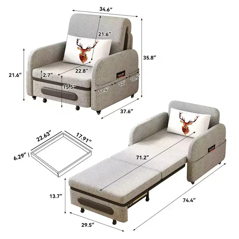 Poltrona letto trasformabile 3-in-1 Gaoyangjiaju con cassetto contenitore - divano letto estraibile con tasca laterale e cuscino - grigio