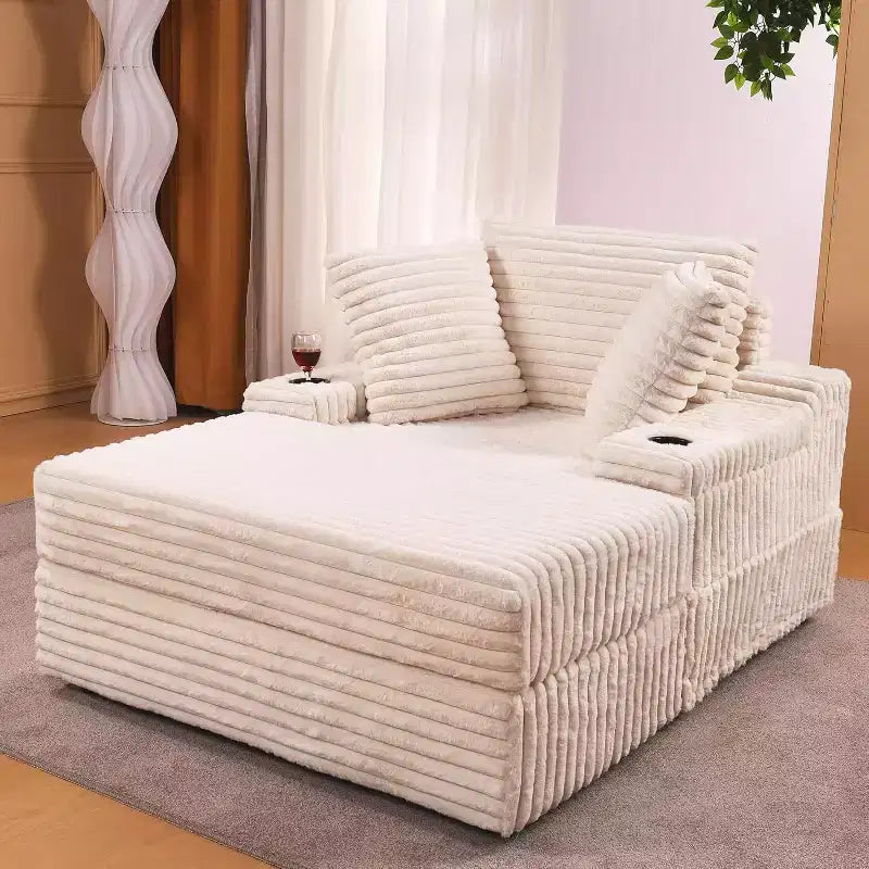Nadměrně velké lehátko do interiéru s úložným taburetem, čalouněná manšestrová rozkládací pohovka ve stylu cloud couch se 3 polštáři, samostatné rozkládací křeslo
