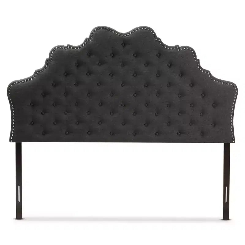 Modern Curved Fabric Headboard – Dark Gray, Button-Tufted, Nailhead Trim