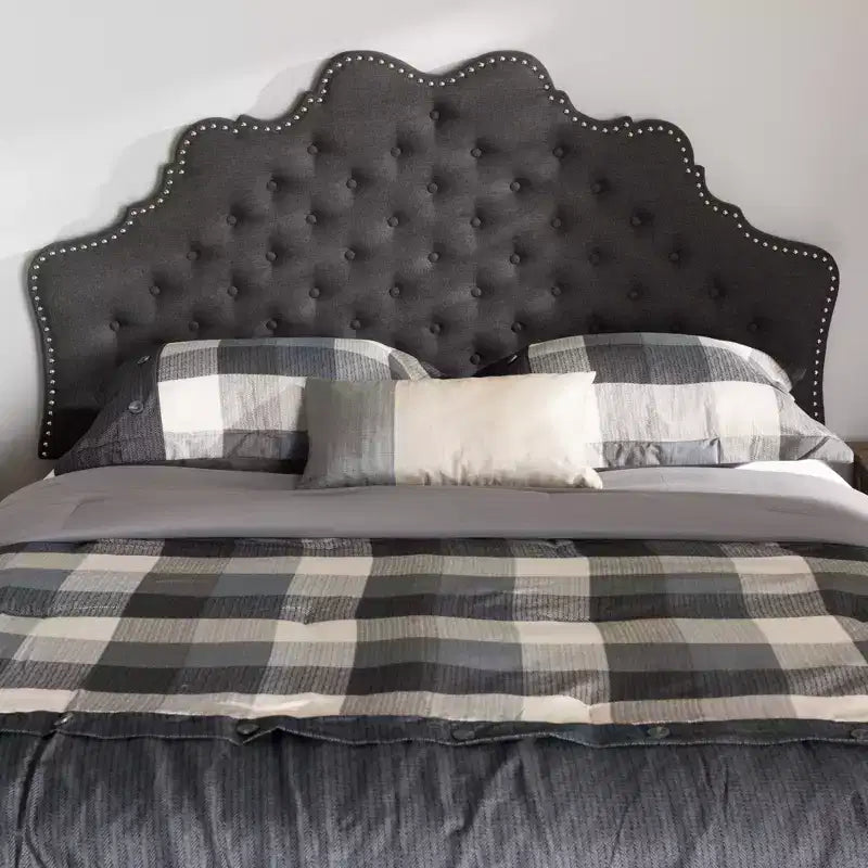 Modern Curved Fabric Headboard – Dark Gray, Button-Tufted, Nailhead Trim