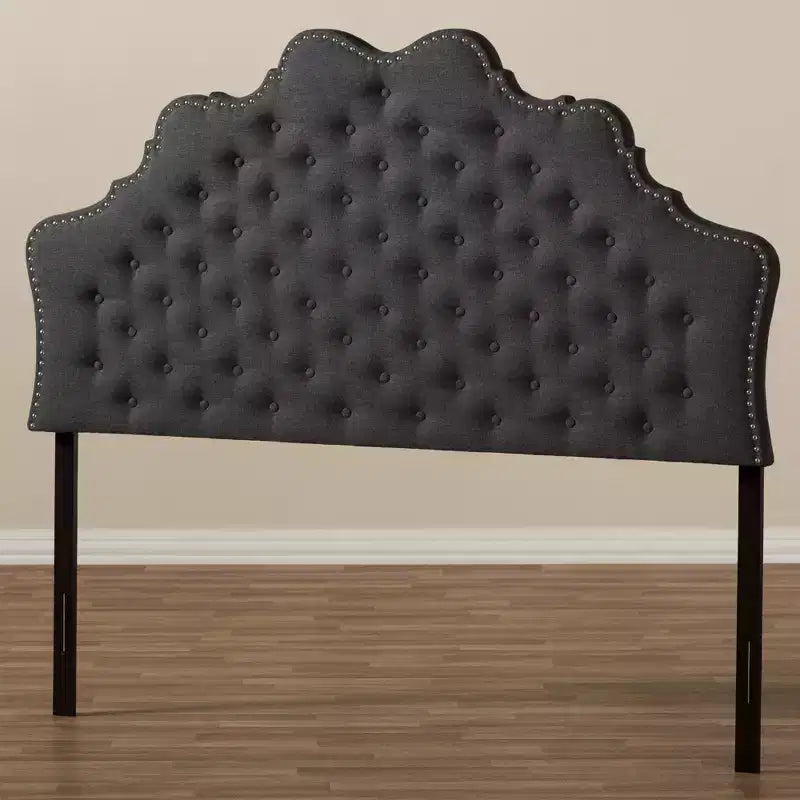 Modern Curved Fabric Headboard – Dark Gray, Button-Tufted, Nailhead Trim