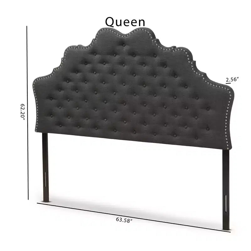 Modern Curved Fabric Headboard – Dark Gray, Button-Tufted, Nailhead Trim