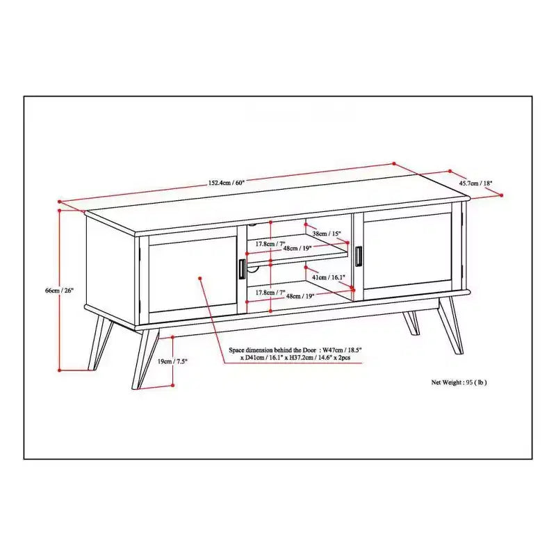 Mobile TV Tierney in legno massello stile Mid-Century per TV fino a 66" – 60" di larghezza