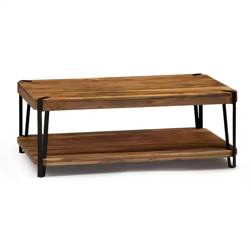 Tavolino da Caffè in Legno Massello di Acacia Bordo Naturale – Struttura in Metallo Nero, 109 cm
