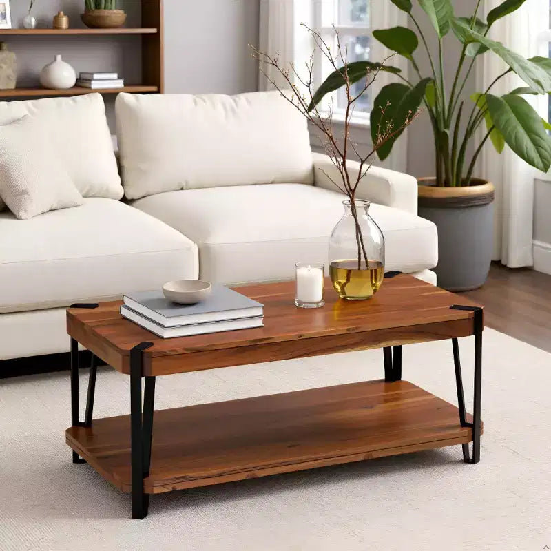 Tavolino da Caffè in Legno Massello di Acacia Bordo Naturale – Struttura in Metallo Nero, 109 cm