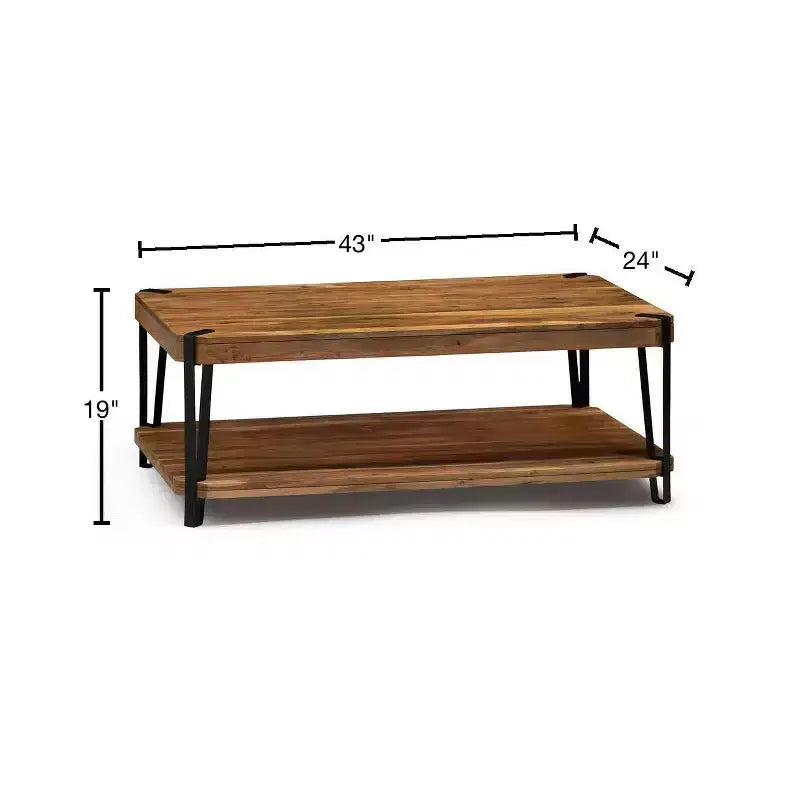Tavolino da Caffè in Legno Massello di Acacia Bordo Naturale – Struttura in Metallo Nero, 109 cm