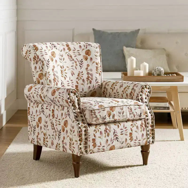Araceli traditionele houten bloemenfauteuil met bekleding, hoge rugleuning en sierspijkerrand| ART OF LIVING DESIGNS