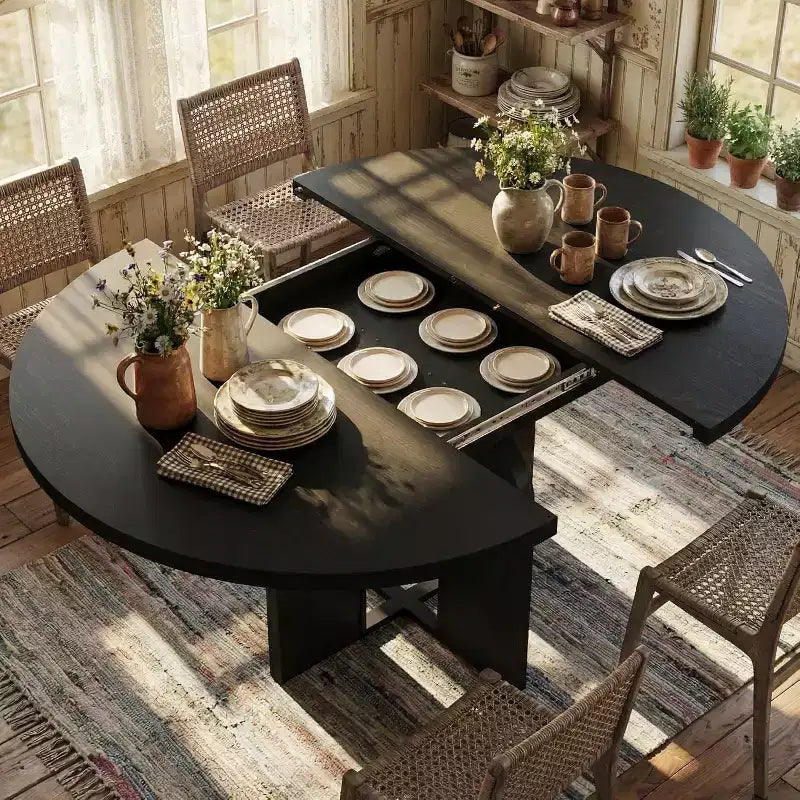Ausziehbarer runder Esstisch, 47–63 Zoll, für 4–8 Personen, ausziehbarer Küchen- und Esstisch aus Holz im Landhausstil mit Metallgestell, oval, platzsparend für Wohnungen, Retro-Grau