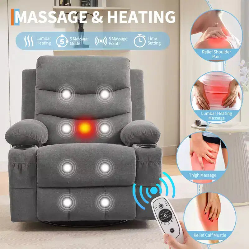 Drehbarer Schaukel-Relaxsessel mit Massage und Wärme, 360°-Gleiter mit Getränkehaltern und Seitentaschen, ergonomisches Loungesofa für Wohnzimmer, Wohnmobil und Kinderzimmer