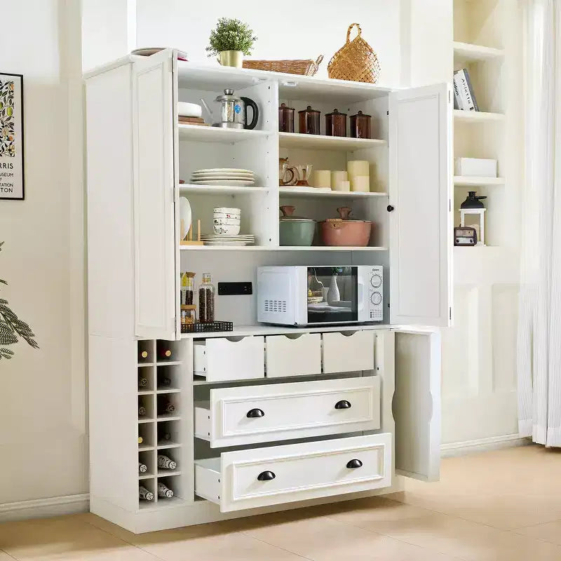 Dispensa da cucina indipendente Whisen alta 71", grande armadietto per riporre stoviglie con 4 ante pieghevoli, ripiani, portabottiglie