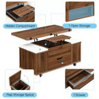 Multifunctionele moderne salontafel met hefbaar blad en verborgen opbergruimte, 4 krukken en zwenkwielen, perfect voor moderne woonruimtes
