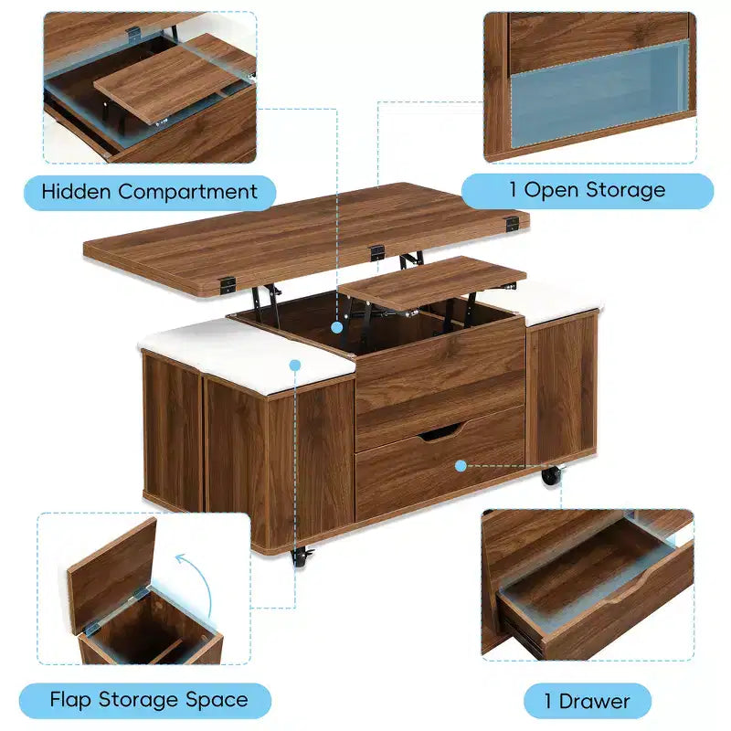 Multifunctionele moderne salontafel met hefbaar blad en verborgen opbergruimte, 4 krukken en zwenkwielen, perfect voor moderne woonruimtes