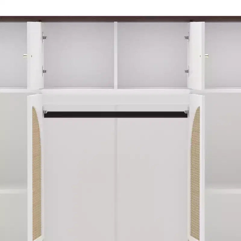 Armario ropero alto de 70,87 pulgadas con 8 puertas y gran capacidad, barra para colgar, estantes ajustables y puertas decorativas de ratán
