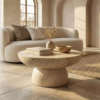 Mesa de centro redonda LeisureMod Lunexa, mesa auxiliar con pedestal de fibra de piedra para interiores o exteriores, diseño esculpido con almohadillas antideslizantes