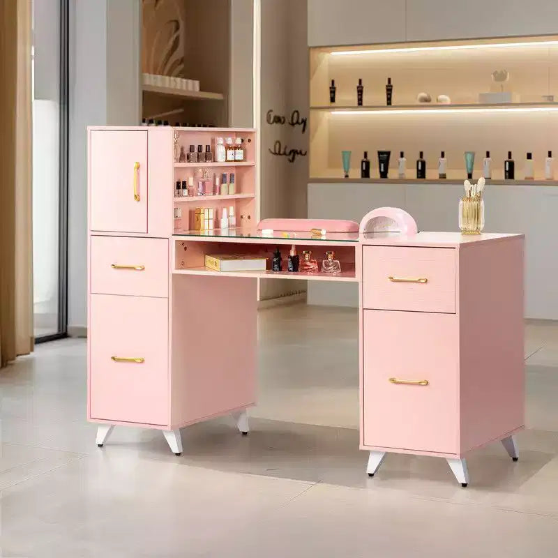 Tavolo da manicure moderno nero e rosa con piano in vetro e poggiapolsi, postazione singola