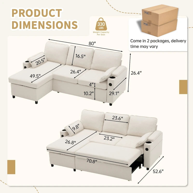 80 L-förmiges Schlafsofa, Schlafsofa mit ausziehbarem Bett, wendbares Schlafsofa