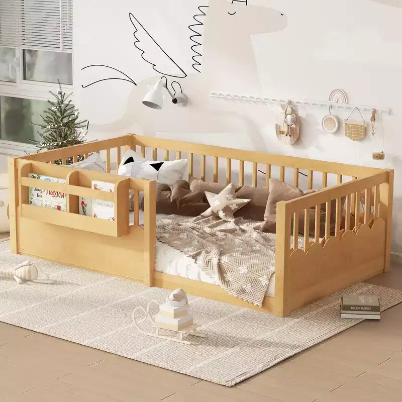 Bellemave Kinder-Bodenbett mit erhöhtem Rausfallschutz und Bücherregal, hölzernes Montessori-Einzelbettgestell für Mädchen und Jungen