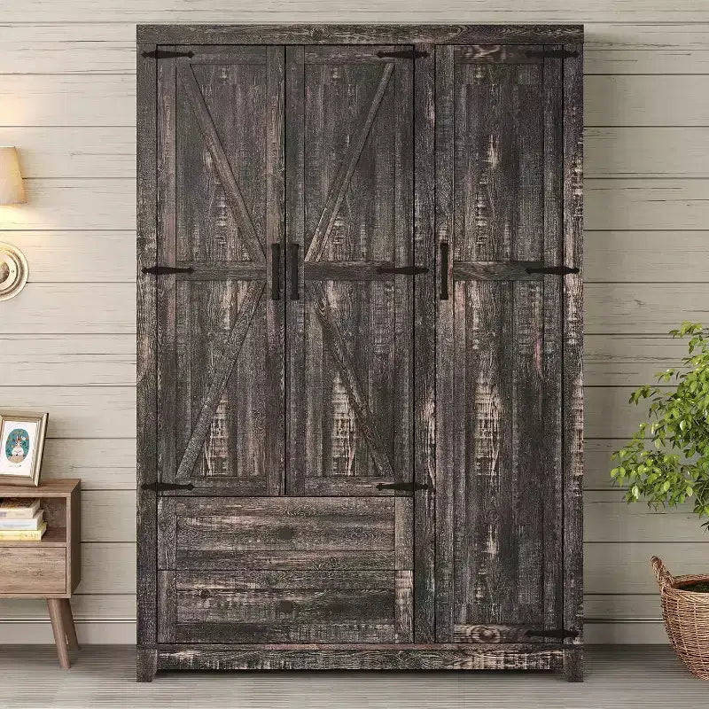 AMERLIFE boerderijstijl kledingkast van 119 cm met 3 deuren, 2 laden, kledingroede en verstelbare planken, vrijstaande kledingorganizer
