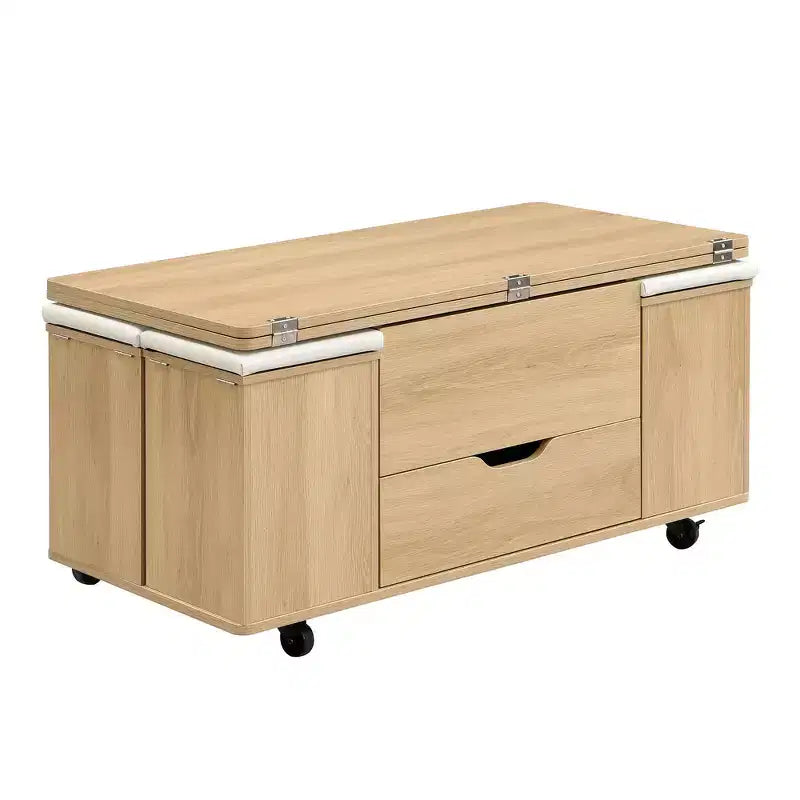 Multifunctionele moderne salontafel met hefbaar blad en verborgen opbergruimte, 4 krukken en zwenkwielen, perfect voor moderne woonruimtes