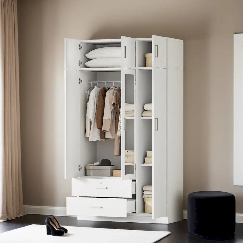 Třídveřová zrcadlová šatní skříň se 2 zásuvkami a horní skříňkou