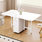 Table à manger pliable ATJafurn de 59 pouces avec rallonges rabattables pour petits espaces, table de cuisine rectangulaire en bois extensible avec roulettes et rangement