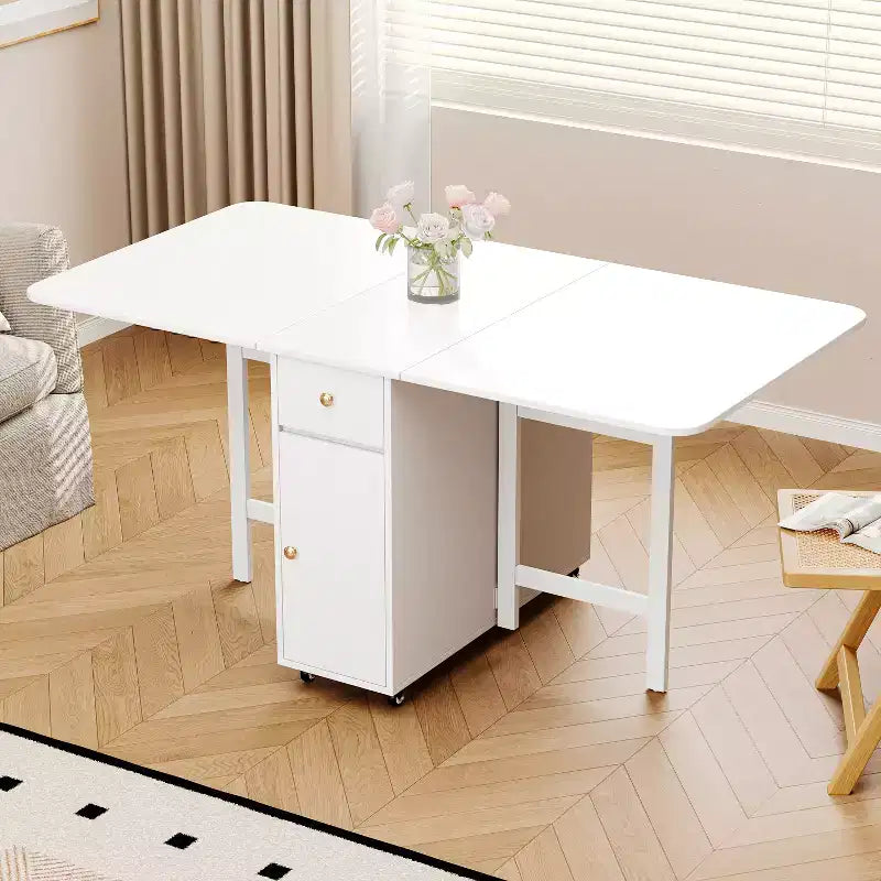 ATJafurn 59-Zoll-Klapptisch mit abklappbaren Tischplatten für kleine Räume, rechteckiger ausziehbarer Küchentisch aus Holz mit Rollen und Stauraum