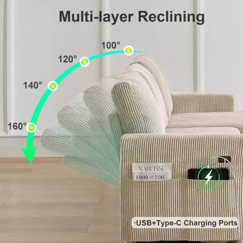 Sofá cama extraíble 2 en 1 Dyonery con chaise longue con almacenamiento, sofá seccional de pana C con puertos USB para sala de estar
