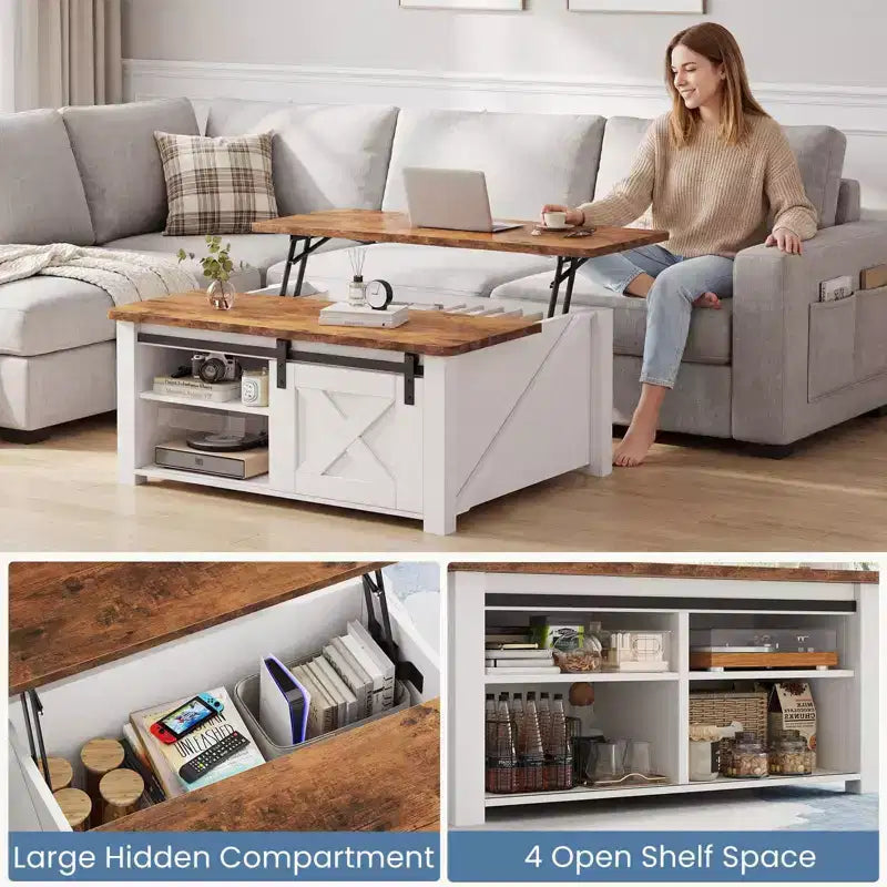 JIONJOY 31,5-Zoll-Couchtisch mit Liftplatte und großem verstecktem Stauraum, verstellbaren Einlegeböden, quadratischer Landhausstil-Mitteltisch für Wohnzimmer und kleine Räume
