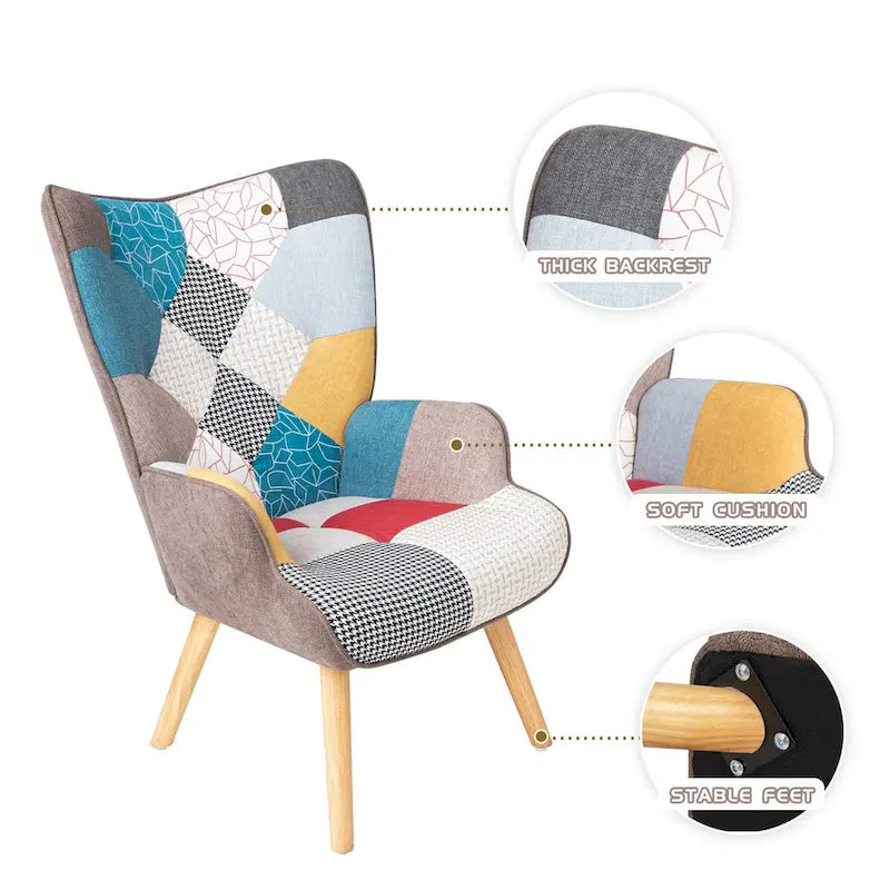 Poltrona d'accento con pouf, set di poltrona e pouf per il soggiorno, comoda poltroncina con braccioli per la camera da letto, rivestimento in tessuto a拼接 creativo