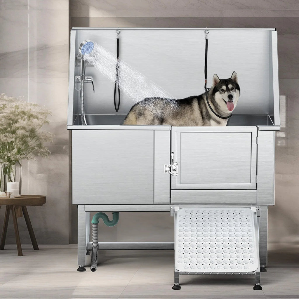 Bañera de aseo para mascotas de acero inoxidable de 50" W ajustable con rampa de escalones