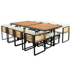 Juego de comedor de patio de 18 piezas de madera de acacia, con 8 sillas acolchadas, 8 otomanas y 2 mesas cuadradas