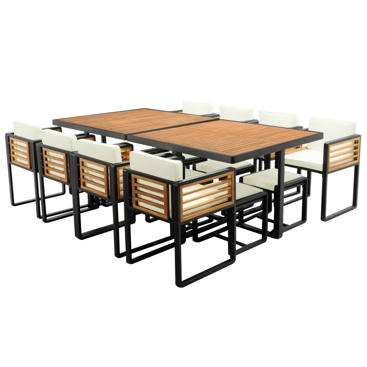 Juego de comedor de patio de 18 piezas de madera de acacia, con 8 sillas acolchadas, 8 otomanas y 2 mesas cuadradas