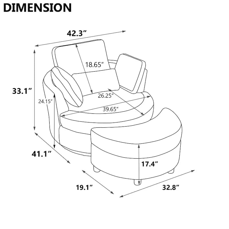 Sillón decorativo giratorio tapizado de 42.3W con 4 cojines y otomana de almacenamiento en forma de media luna
