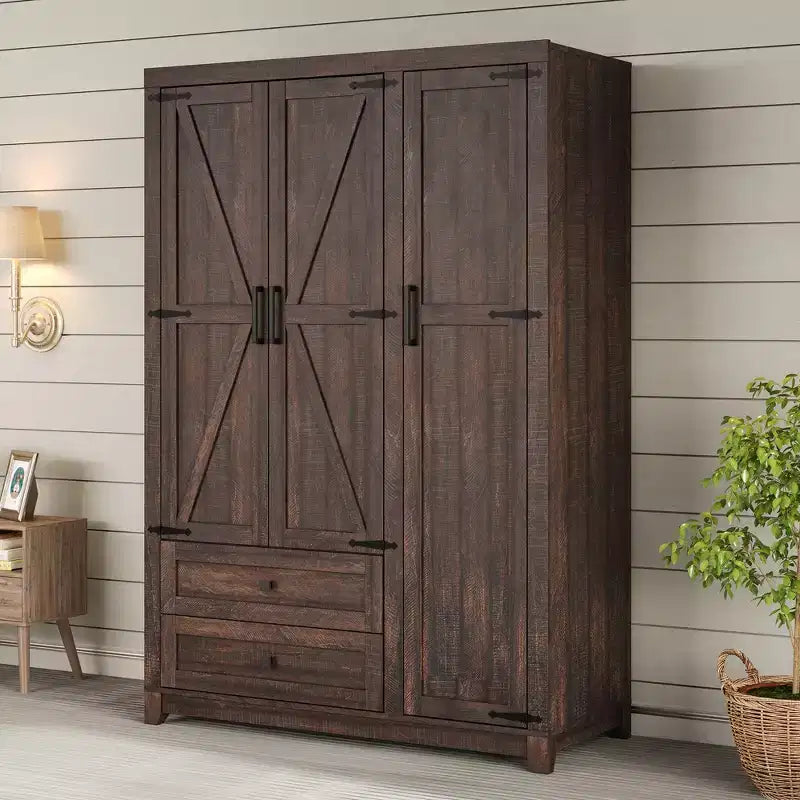 AMERLIFE boerderijstijl kledingkast van 119 cm met 3 deuren, 2 laden, kledingroede en verstelbare planken, vrijstaande kledingorganizer