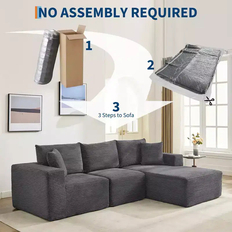 Sofá moderno 108, sofá tapizado de 3 plazas en forma de L con cojines, asiento profundo, no requiere montaje