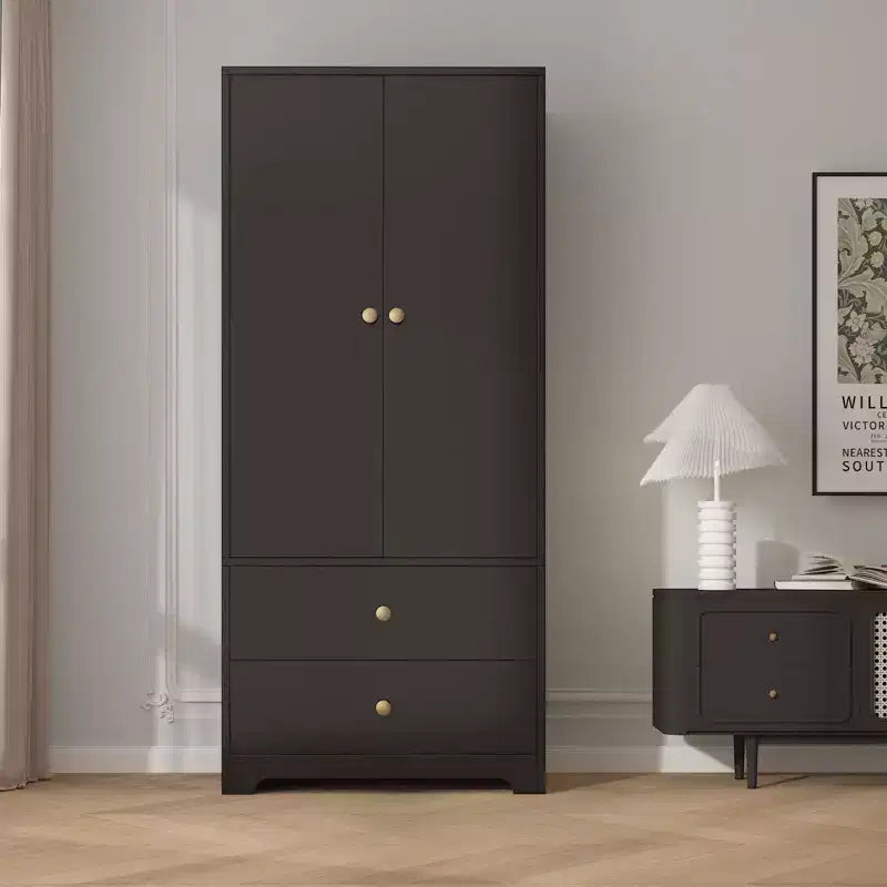 Moderner Kleiderschrank aus Holz für das Schlafzimmer, 71 Zoll, mit 2 Türen, 2 Schubladen, verstellbaren Einlegeböden, Kleiderstange und Stauraum