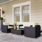 Ensemble de canapé en rotin de 4 pièces, salon de jardin en résine tressée avec causeuse, fauteuils et table basse avec plateau en verre pour l’extérieur