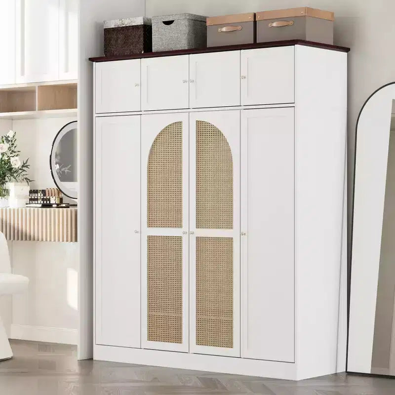 Armario ropero alto de 70,87 pulgadas con 8 puertas y gran capacidad, barra para colgar, estantes ajustables y puertas decorativas de ratán