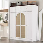 Armario ropero alto de 70,87 pulgadas con 8 puertas y gran capacidad, barra para colgar, estantes ajustables y puertas decorativas de ratán