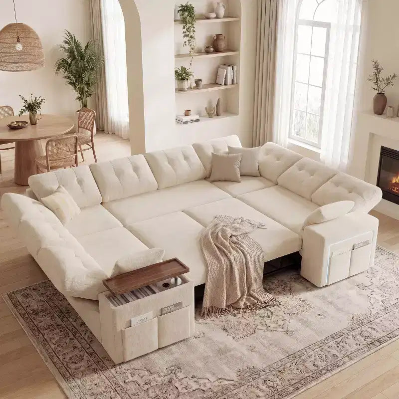 Divano componibile letto modulare Dyonery 112 con letto estraibile, divano componibile a U con contenitore, sedute extra larghe e profonde per il soggiorno