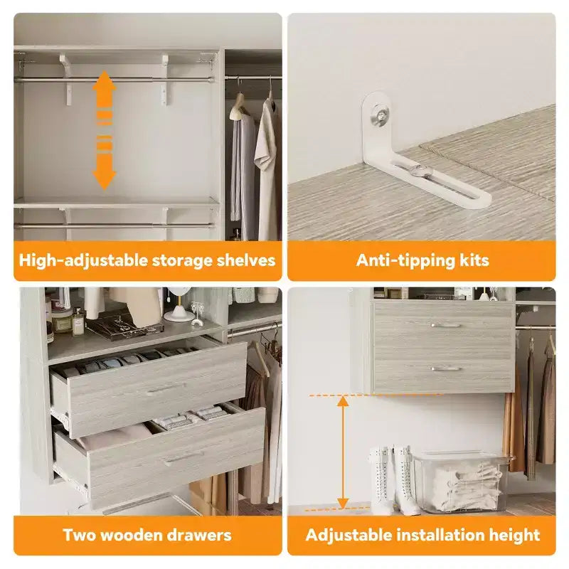 Sistema guardaroba indipendente Besiost con 8 aste appendiabiti e cassetti, organizzatore per guardaroba con 10 ripiani