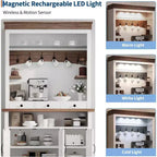 183 cm hoher Kaffeebarschrank im Landhausstil mit LED-Beleuchtung, Küchenbuffet mit Türen und Schublade, verstellbaren Regalböden und geräumigem Stauraum