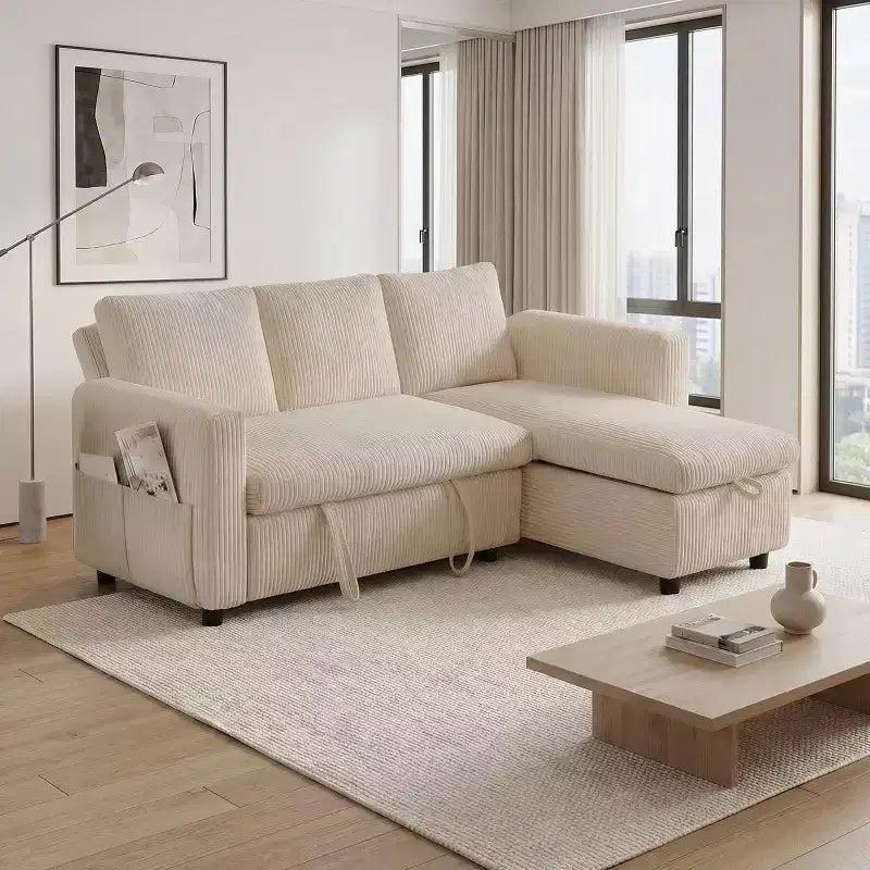 Dyonery 81-Sitzer-Schlafsofa, L-förmiges Ausziehsofa mit wendbarer Recamiere mit Stauraum, USB-Anschluss und verstellbarer Rückenlehne
