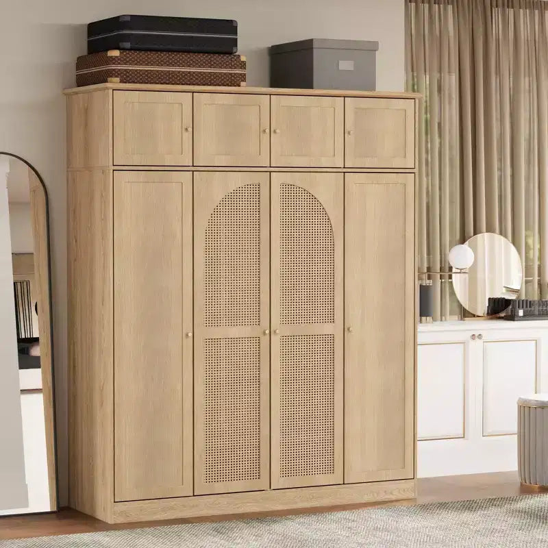 Armario ropero alto de 70,87 pulgadas con 8 puertas y gran capacidad, barra para colgar, estantes ajustables y puertas decorativas de ratán