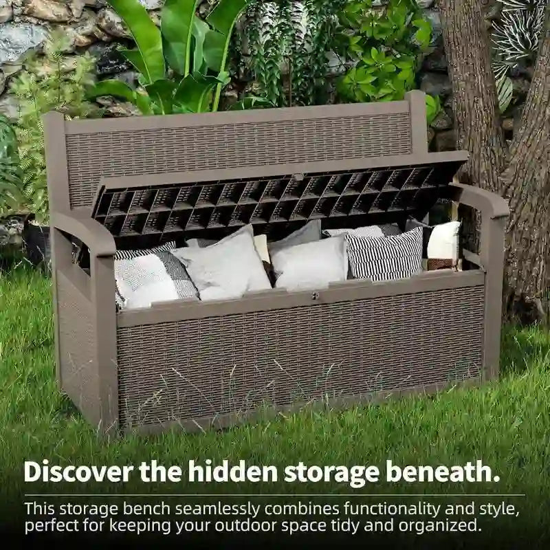 Panca contenitore in resina per tutte le condizioni atmosferiche con scomparto nascosto con serratura, design effetto rattan, portata di 500 lb, capacità di 70 galloni
