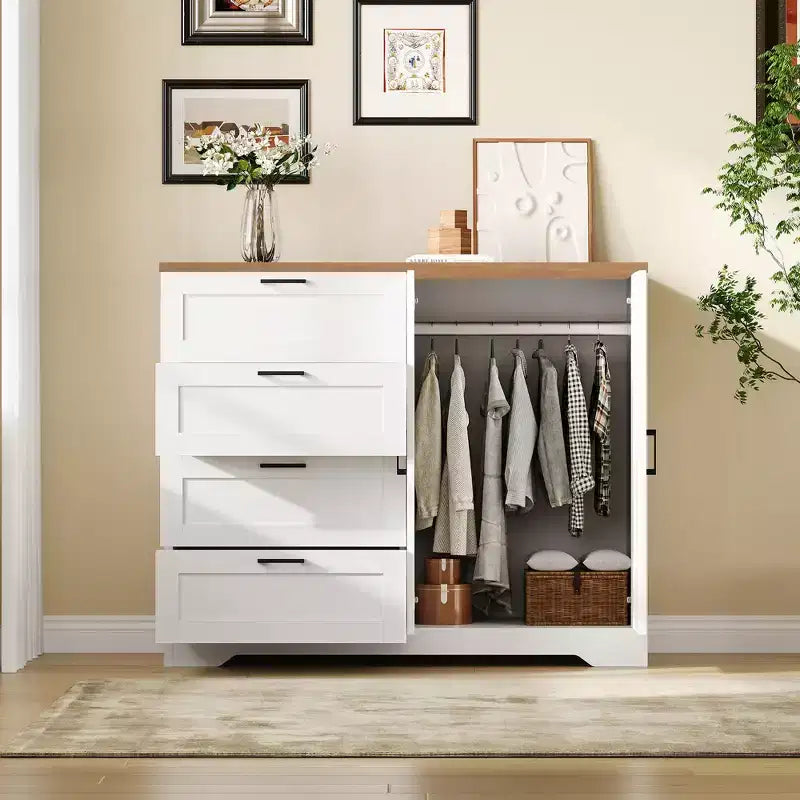 Armario ropero de madera de 43,3 pulgadas de alto con 4 cajones y barra para colgar, gabinete multifuncional de almacenamiento de ropa para dormitorio con cómoda