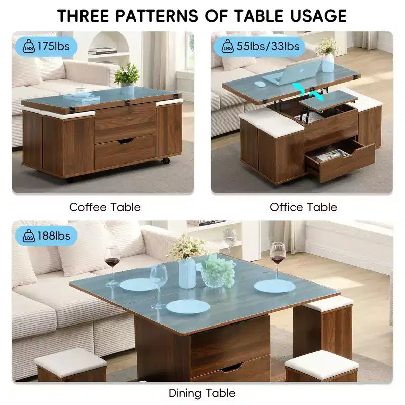Multifunctionele moderne salontafel met hefbaar blad en verborgen opbergruimte, 4 krukken en zwenkwielen, perfect voor moderne woonruimtes